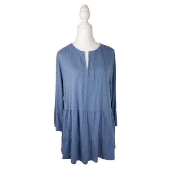J. Jill Popover Boho Tiered Ruffle Tunic Top L Blue Cotton Tencel 3/4 Sleeve - Picture 1 of 6
